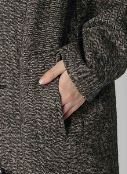 LINEN/WOOL RAISED HERRINGBONE LONG COAT WITH HOODIE