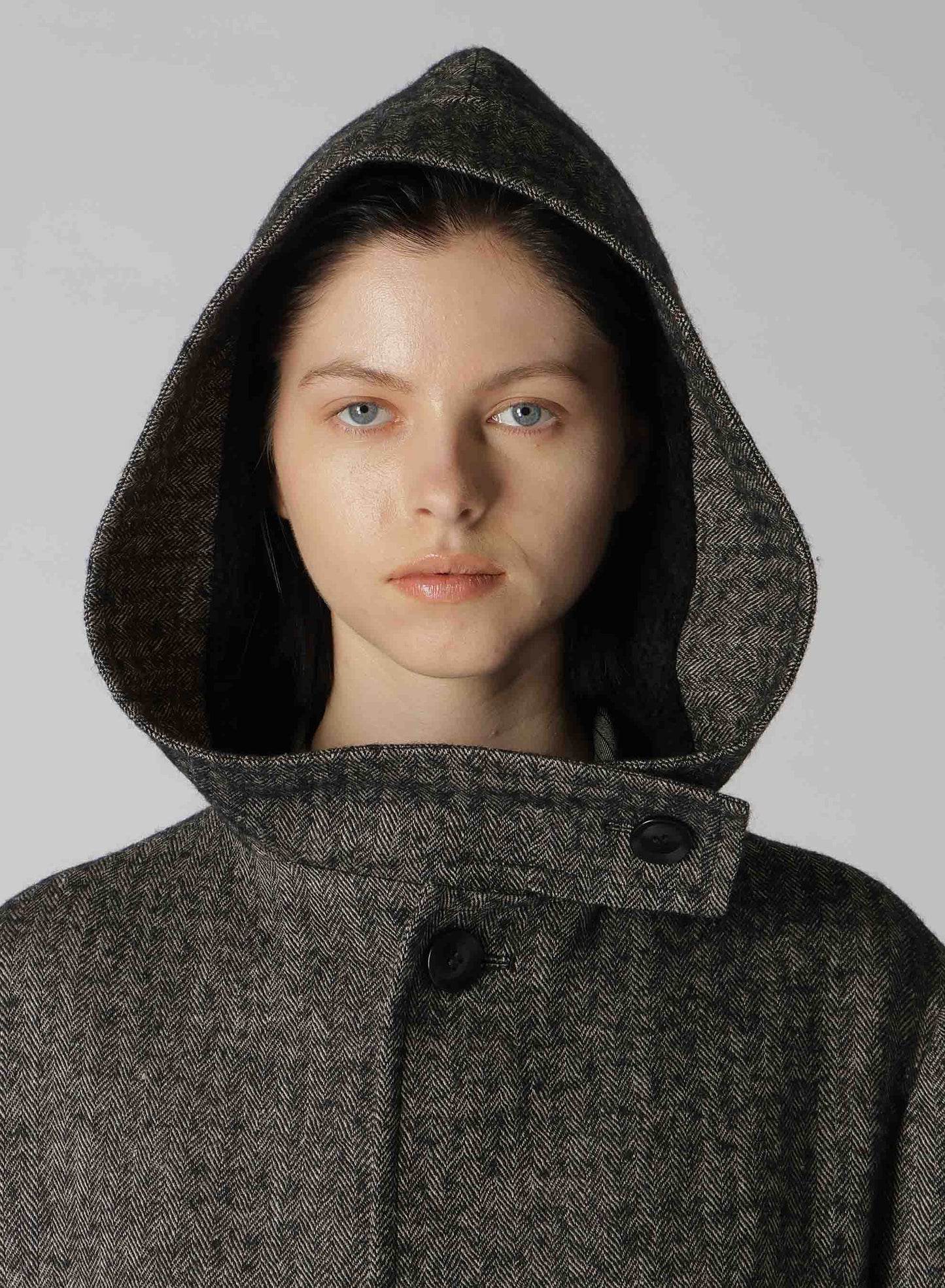 LINEN/WOOL RAISED HERRINGBONE LONG COAT WITH HOODIE