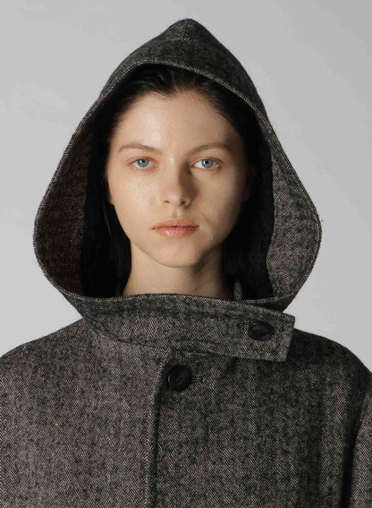 【10/4 12:00(JST) Release】LINEN/WOOL RAISED HERRINGBONE LONG COAT WITH HOODIE