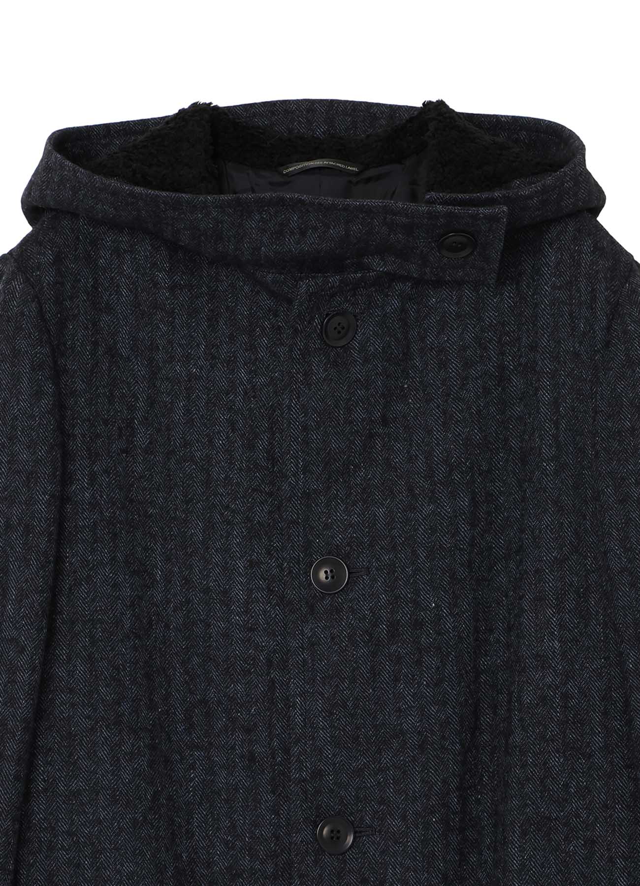 LINEN/WOOL RAISED HERRINGBONE LONG COAT WITH HOODIE