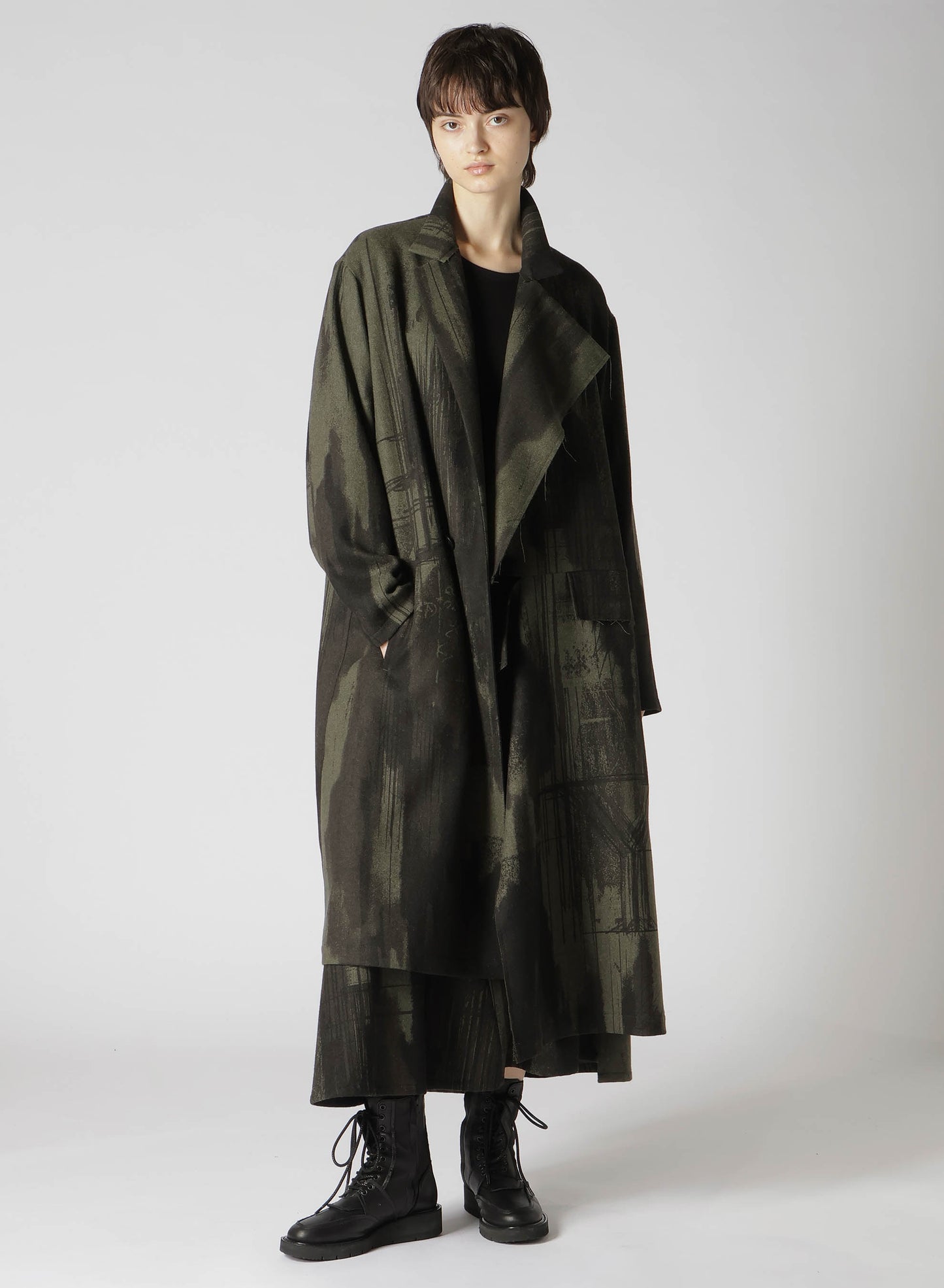 WOOL FLANNEL LOGO SCRIBBLE LEFT FRONT CUT COAT