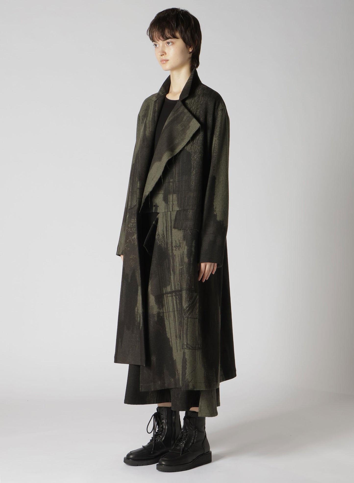 WOOL FLANNEL LOGO SCRIBBLE LEFT FRONT CUT COAT