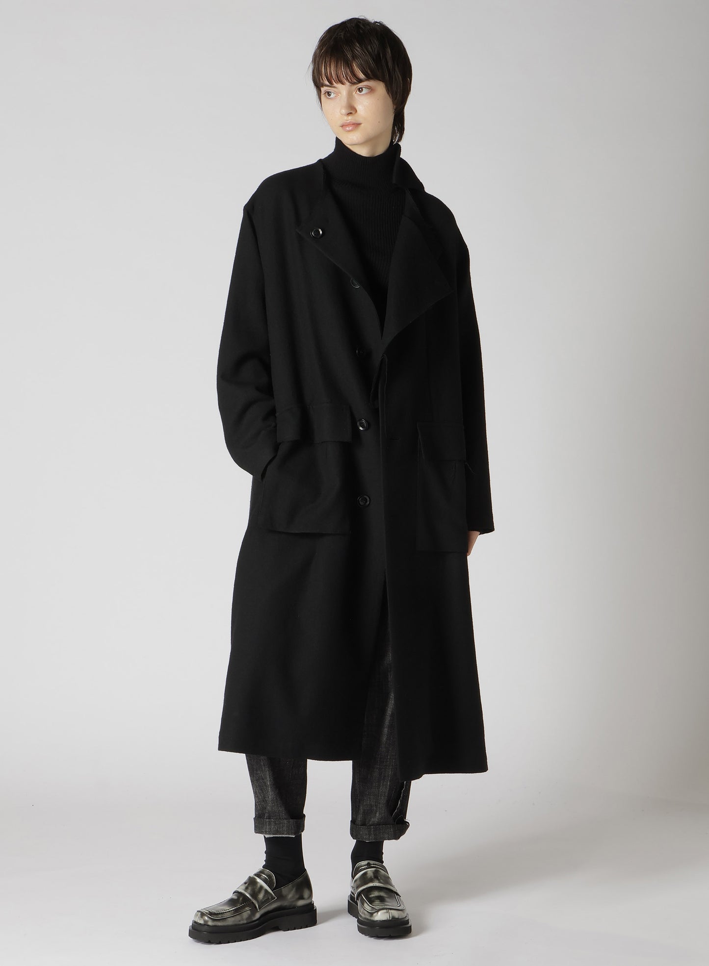 MILLING WOOL SERGE COLLARLESS WIND BREAKER COAT