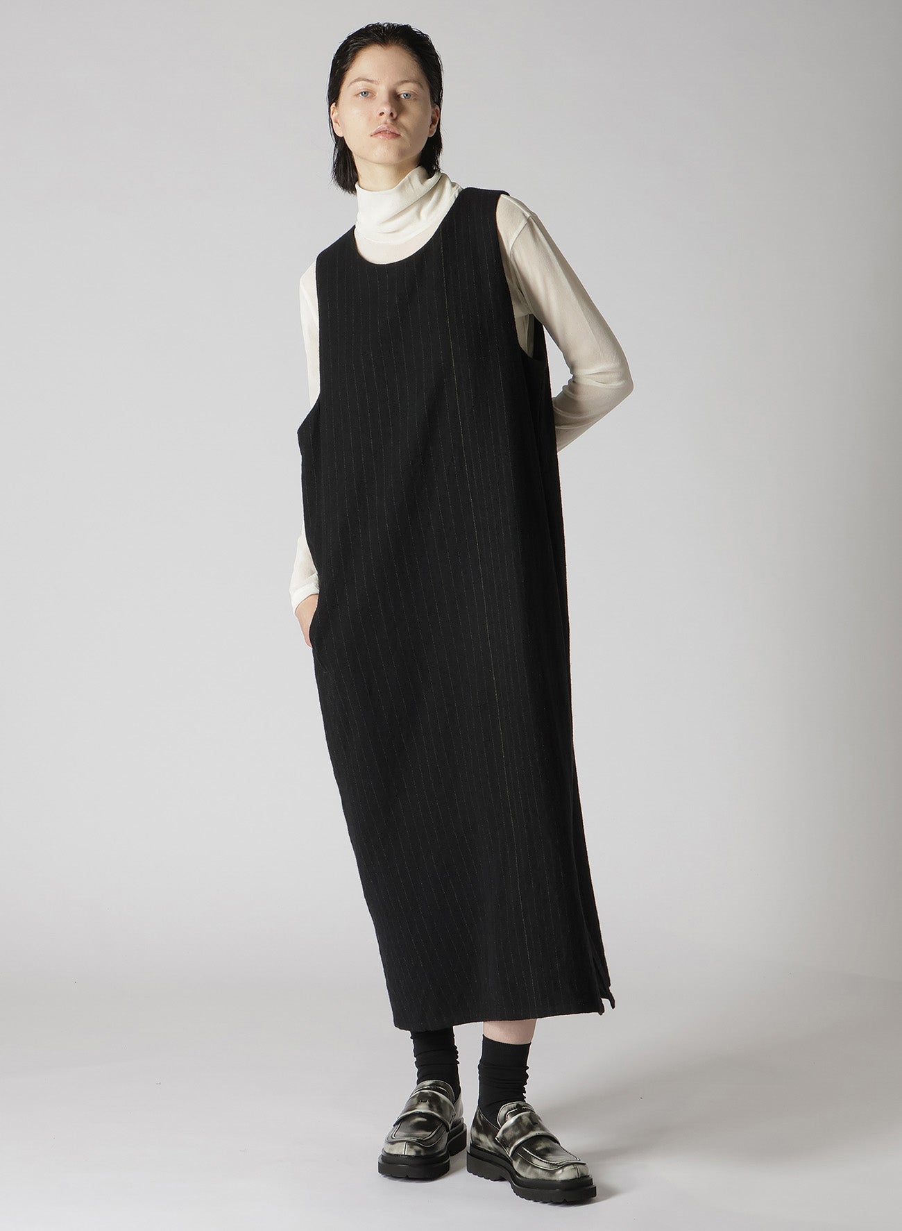 WOOL PINSTRIPE SLEEVELESS DRESS