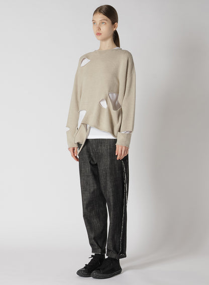 WOOL BLEND JERSEY ROUND NECK HOLED PULLOVER