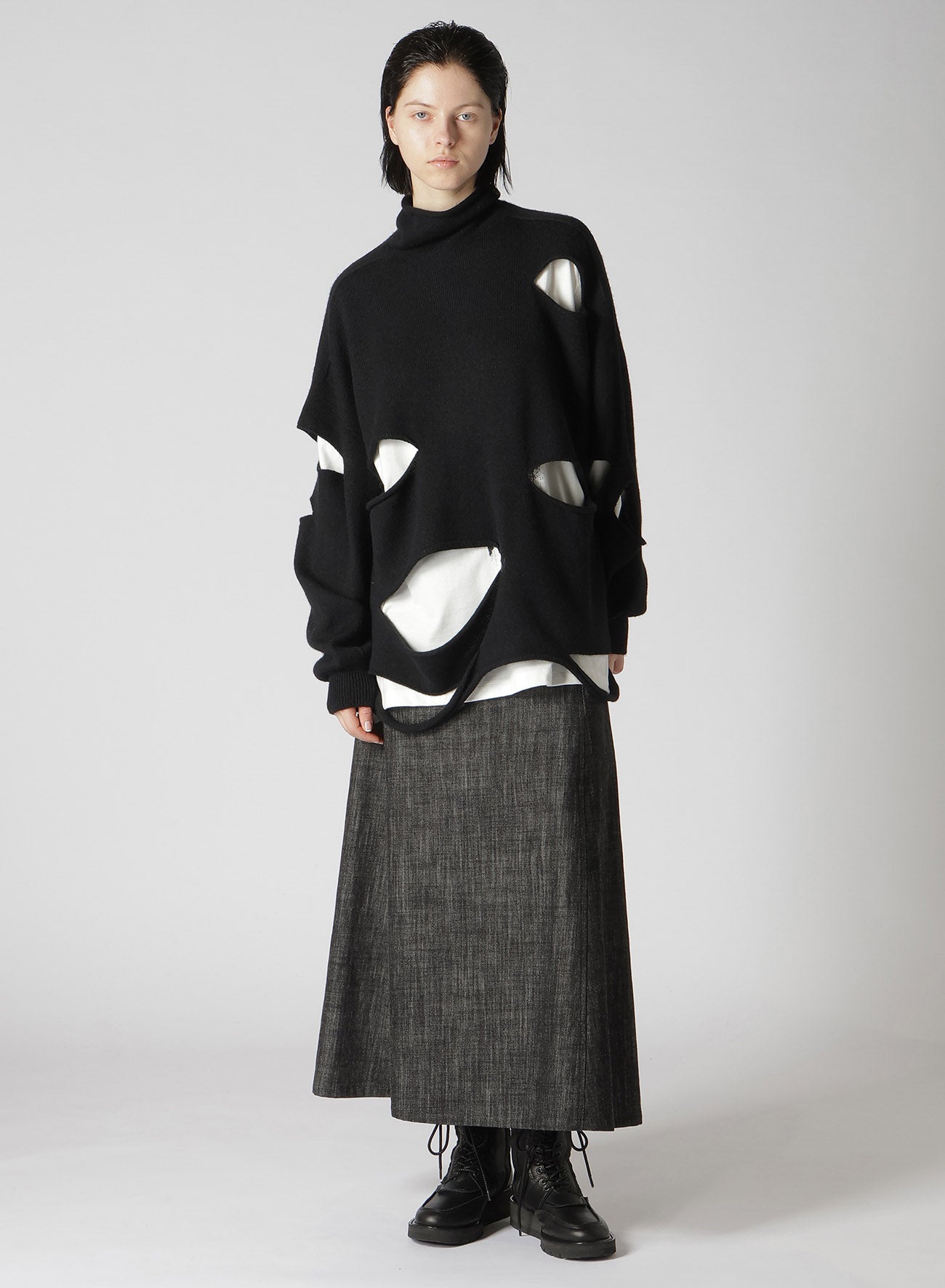 WOOL BLEND JERSEY HIGH NECK HOLED PULLOVER