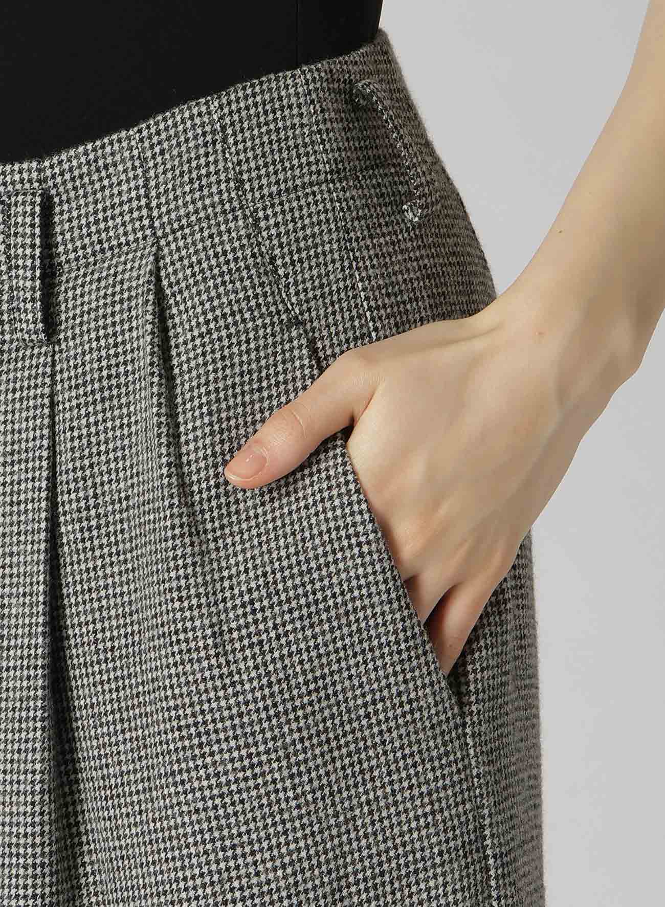 WOOL FLANNEL HOUNDSTOOTH FEMALE PT DOUBLE TUCK WIDE PANTS