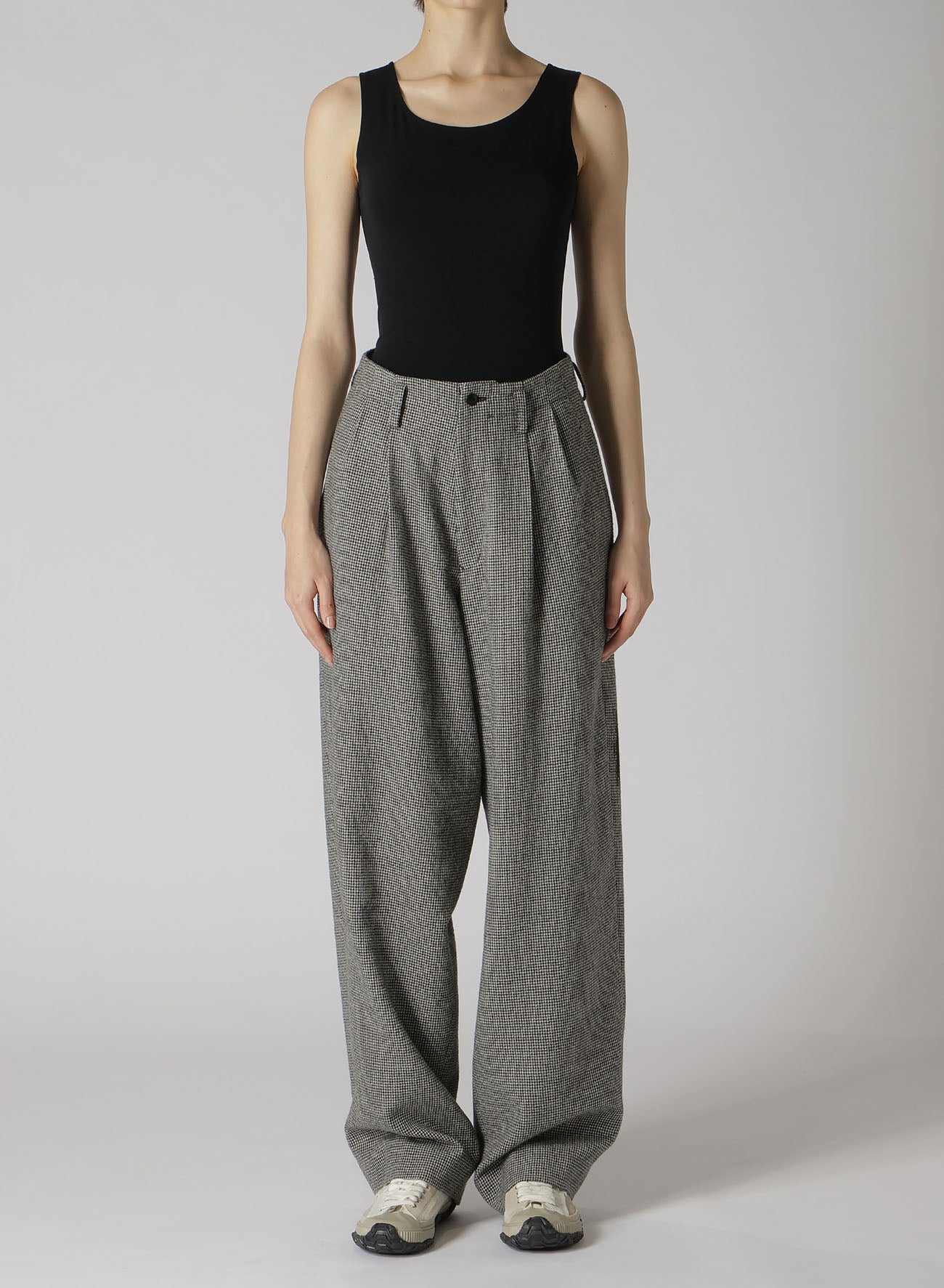 WOOL FLANNEL HOUNDSTOOTH FEMALE PT DOUBLE TUCK WIDE PANTS