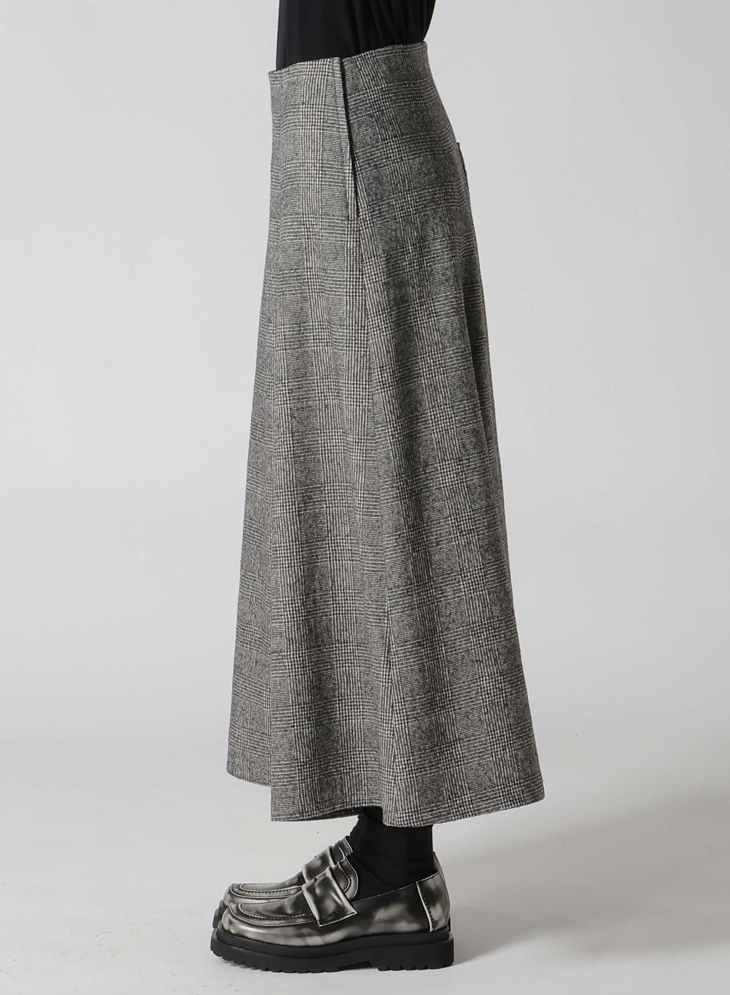 COTTON WOOL GLEN CHECK ASYMMETRIC FLARE PANTS