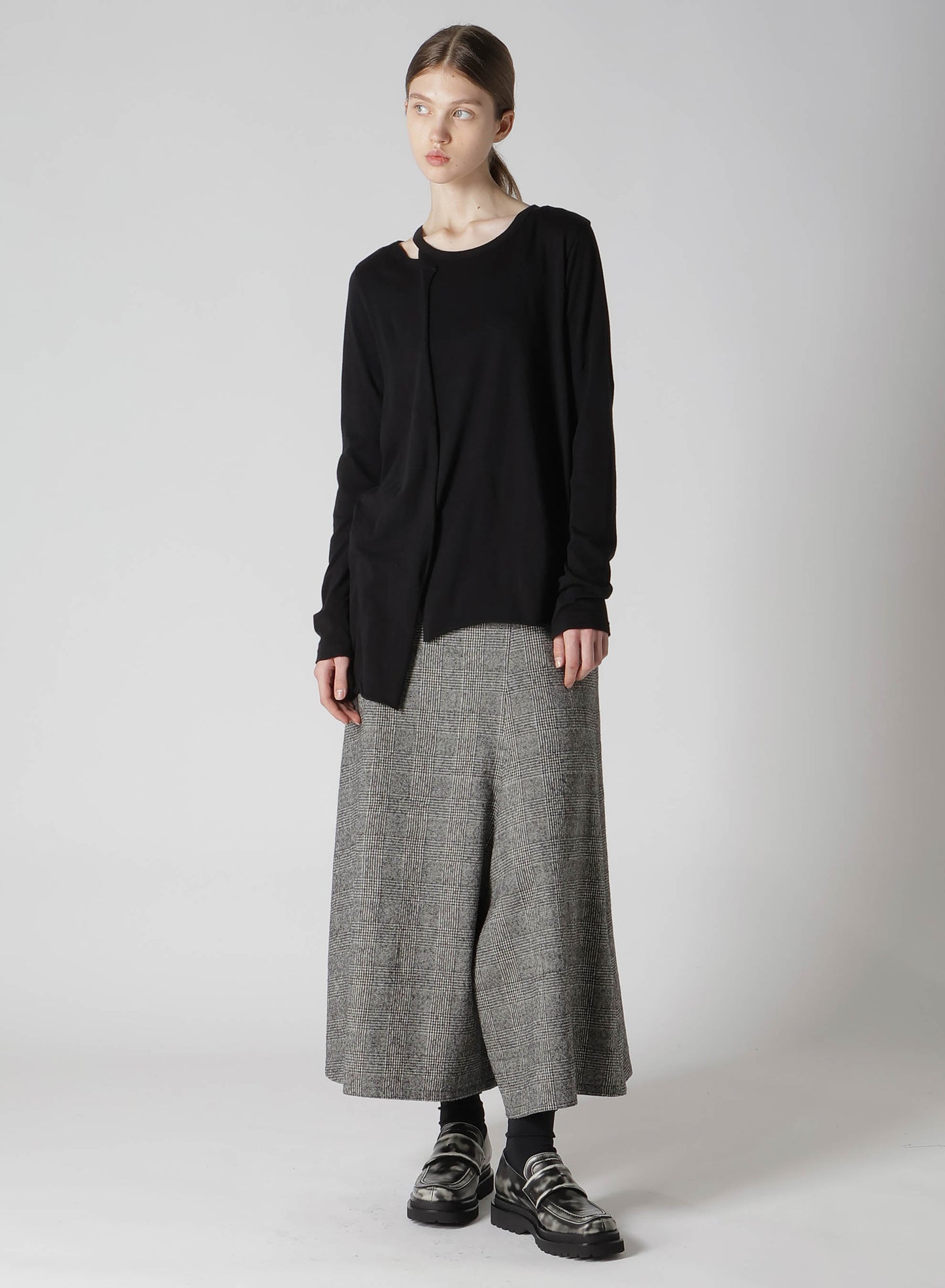 COTTON WOOL GLEN CHECK ASYMMETRIC FLARE PANTS