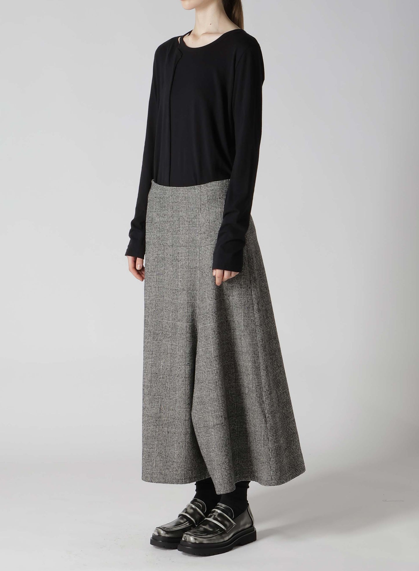 COTTON WOOL GLEN CHECK ASYMMETRIC FLARE PANTS