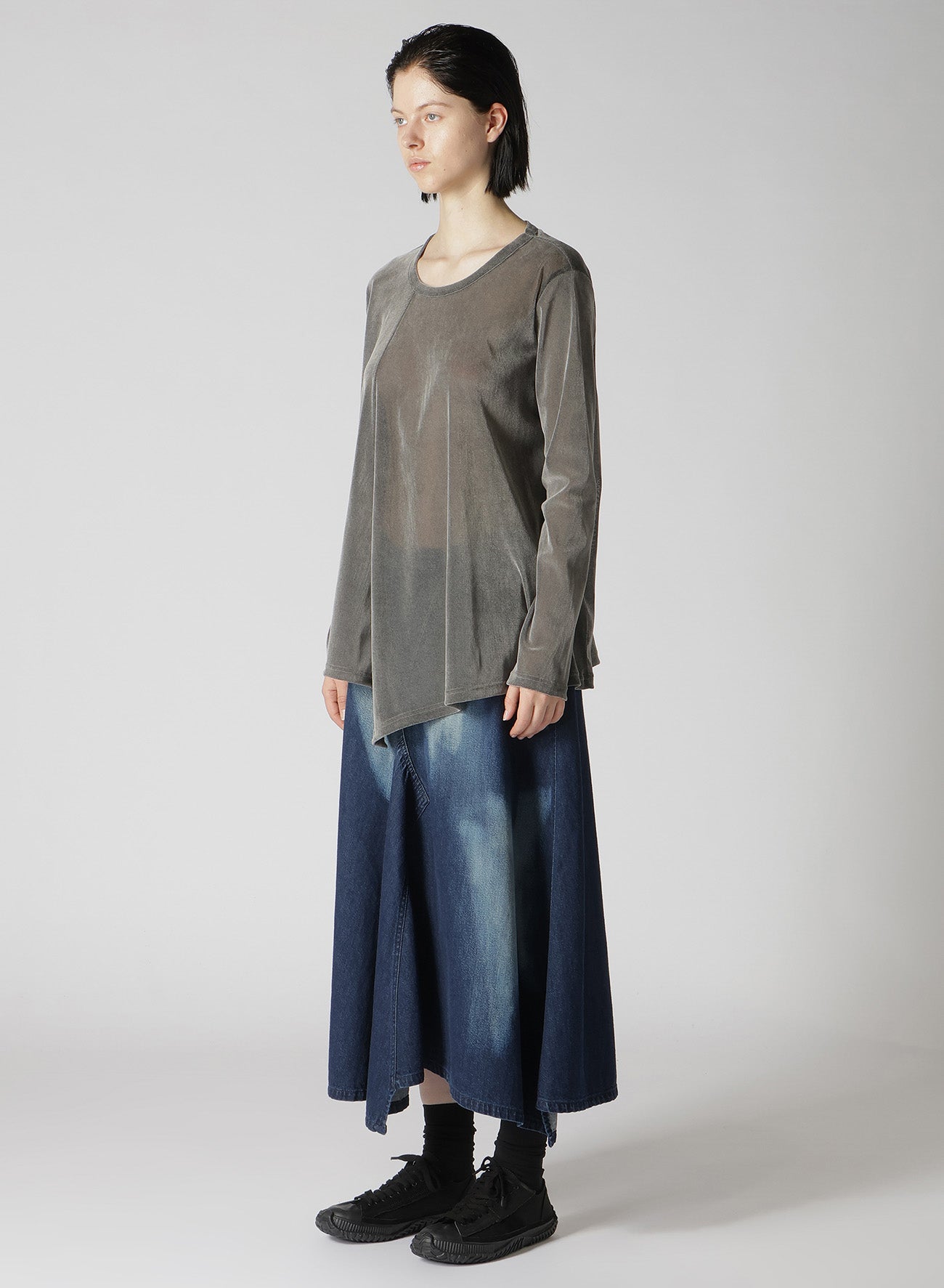 NYLON TULLE FLOCKING ROUND NECK FLARE LONG SLEEVE T