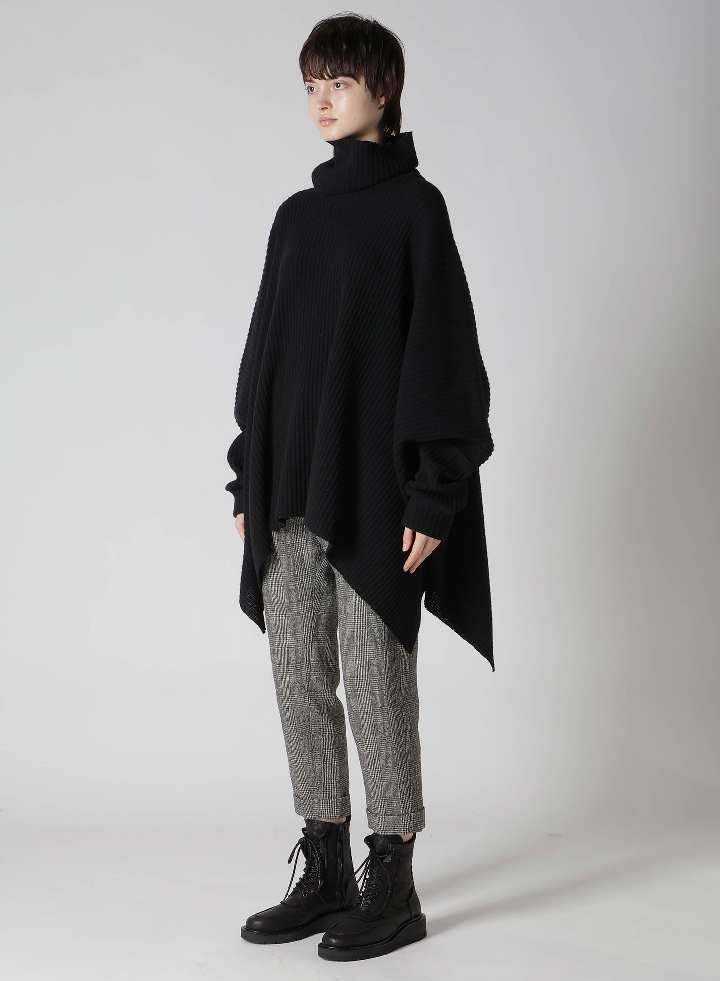 RIBBED HIGH NECK PONCHO WITH SLEEVE