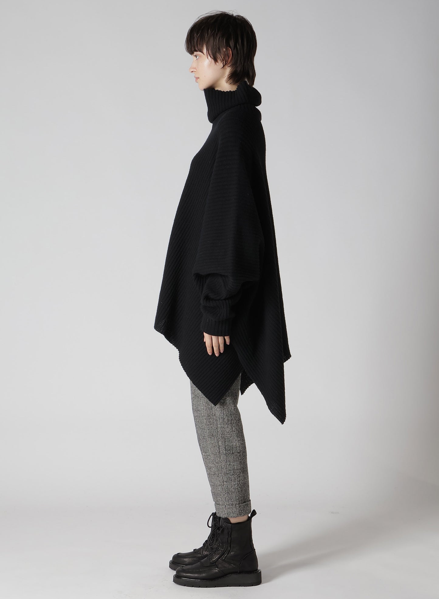 RIBBED HIGH NECK PONCHO WITH SLEEVE