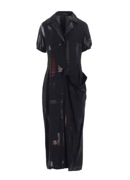 CU/DUNGAREE TWILL DARK NEON PRINT LEFT SIDE GATHERED DRESS