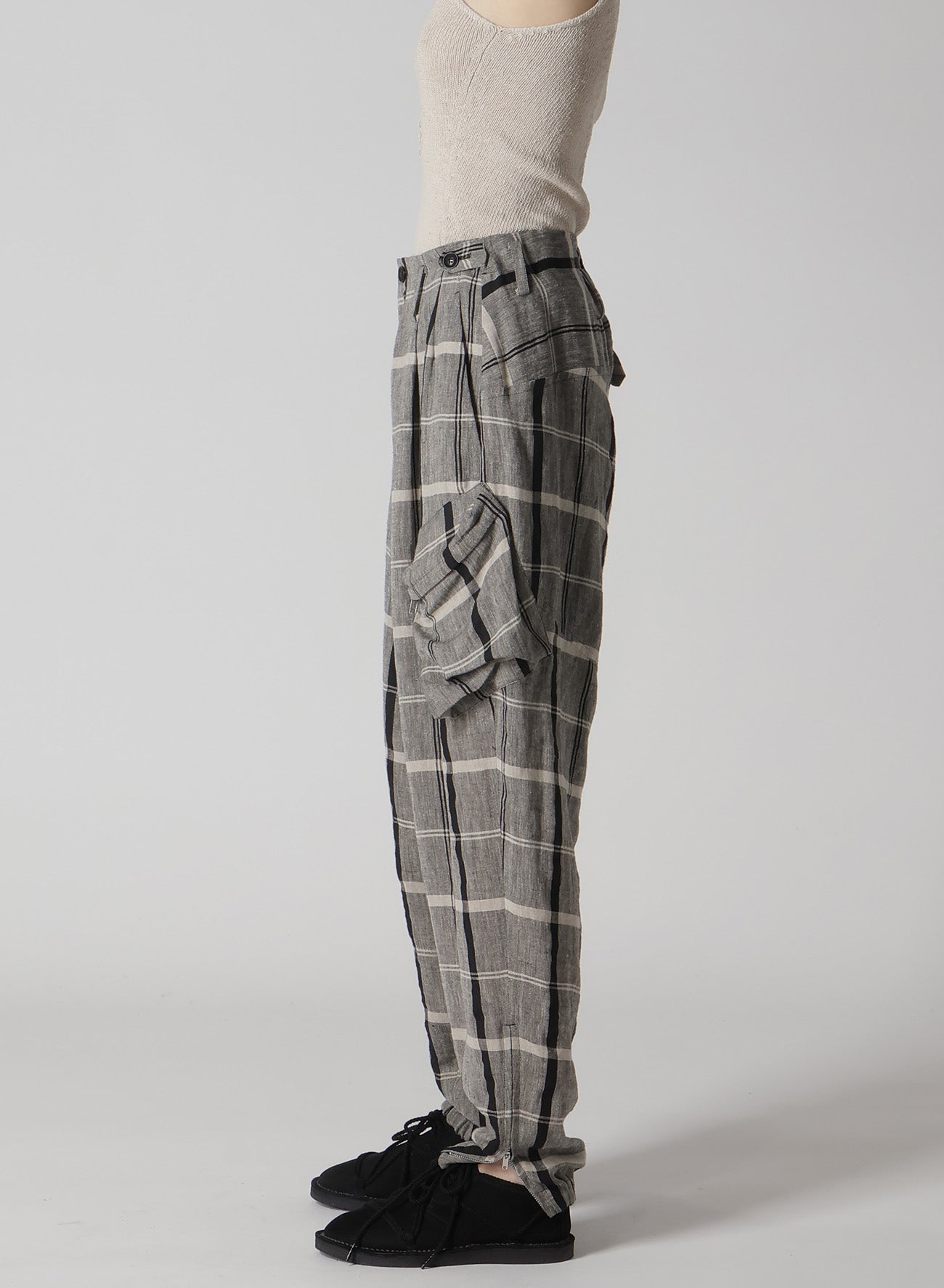 LINEN/NYLON PLAID ZIP POCKET PANTS