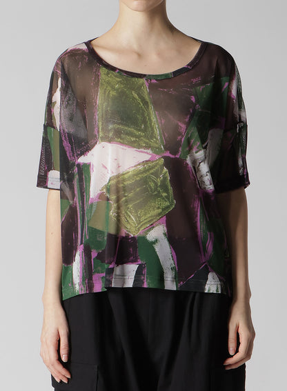 TULLE ABSTRACT PAINTING PATTERN LOOSE ROUND NECK T