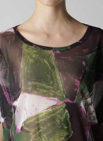 TULLE ABSTRACT PAINTING PATTERN LOOSE ROUND NECK T