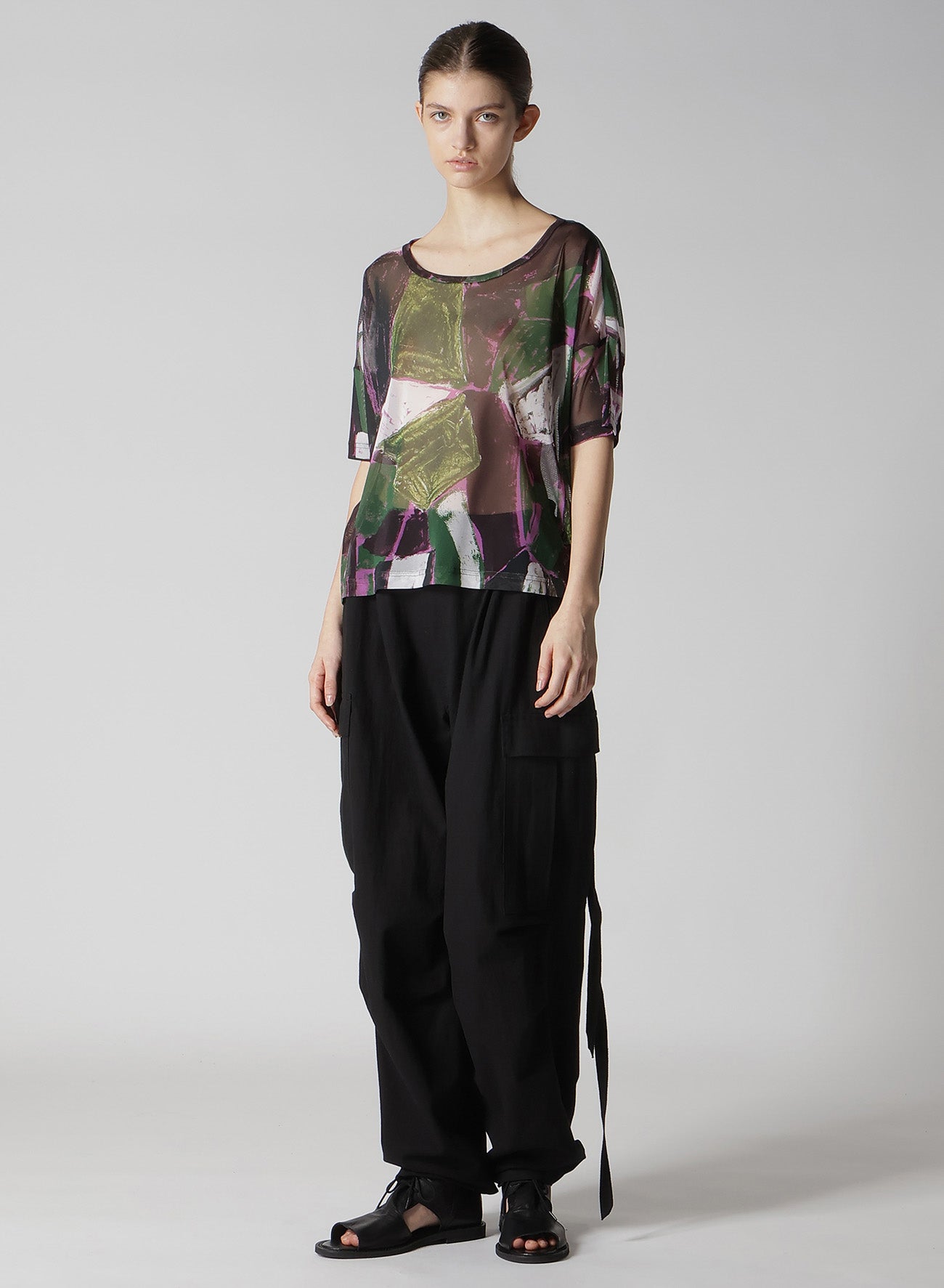 TULLE ABSTRACT PAINTING PATTERN LOOSE ROUND NECK T