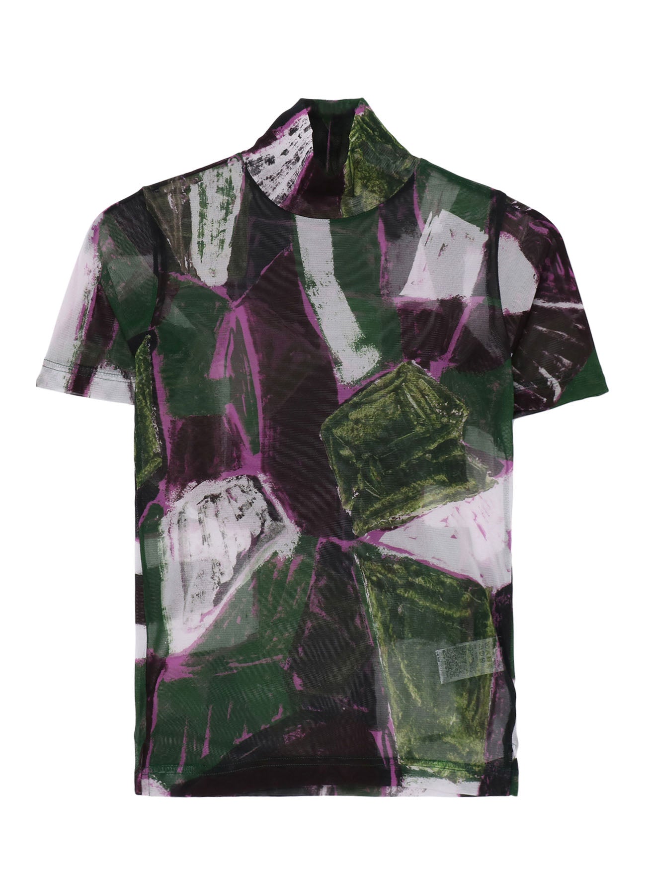 TULLE ABSTRACT PAINTING PATTERN HIGH NECK SHORT SLEEVE T