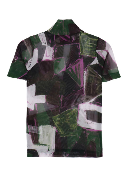 TULLE ABSTRACT PAINTING PATTERN HIGH NECK SHORT SLEEVE T