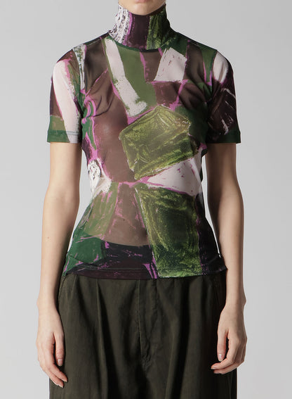 TULLE ABSTRACT PAINTING PATTERN HIGH NECK SHORT SLEEVE T