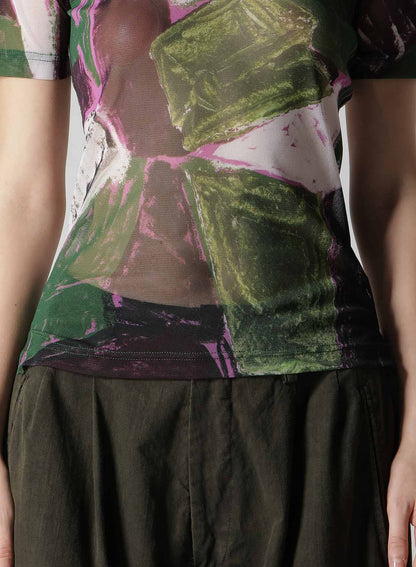 TULLE ABSTRACT PAINTING PATTERN HIGH NECK SHORT SLEEVE T