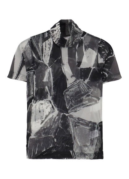 TULLE ABSTRACT PAINTING PATTERN HIGH NECK SHORT SLEEVE T