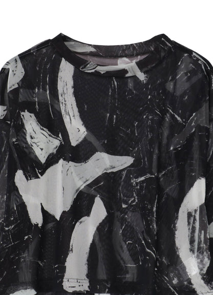 TULLE ABSTRACT PAINTING PATTERN CROPPED ROUND NECK T