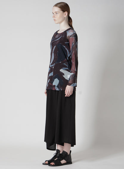 TULLE ABSTRACT PAINTING PATTERN LONG SLEEVE SHORT DRESS