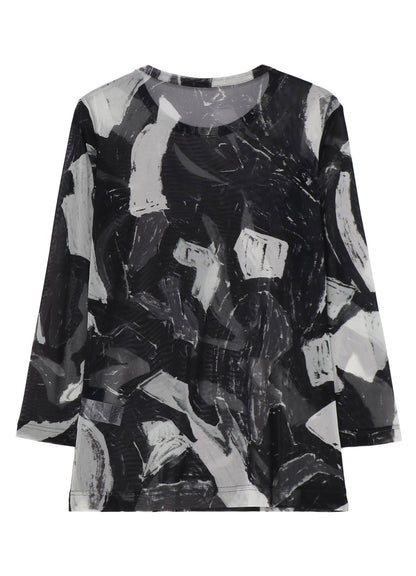 TULLE ABSTRACT PAINTING PATTERN LONG SLEEVE SHORT DRESS