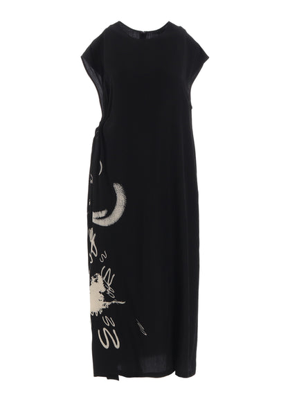 CUPRO DUNGAREE "Y" PRINT GATHERED DRESS