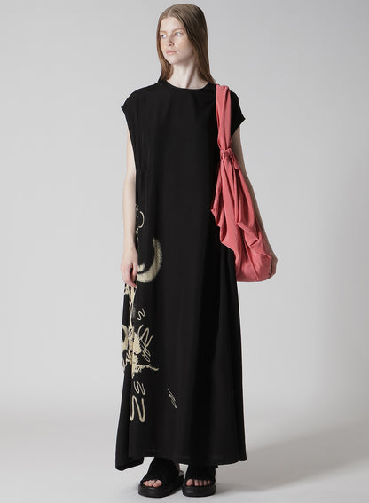 CUPRO DUNGAREE "Y" PRINT GATHERED DRESS