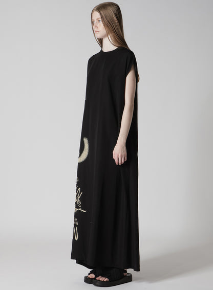 CUPRO DUNGAREE "Y" PRINT GATHERED DRESS