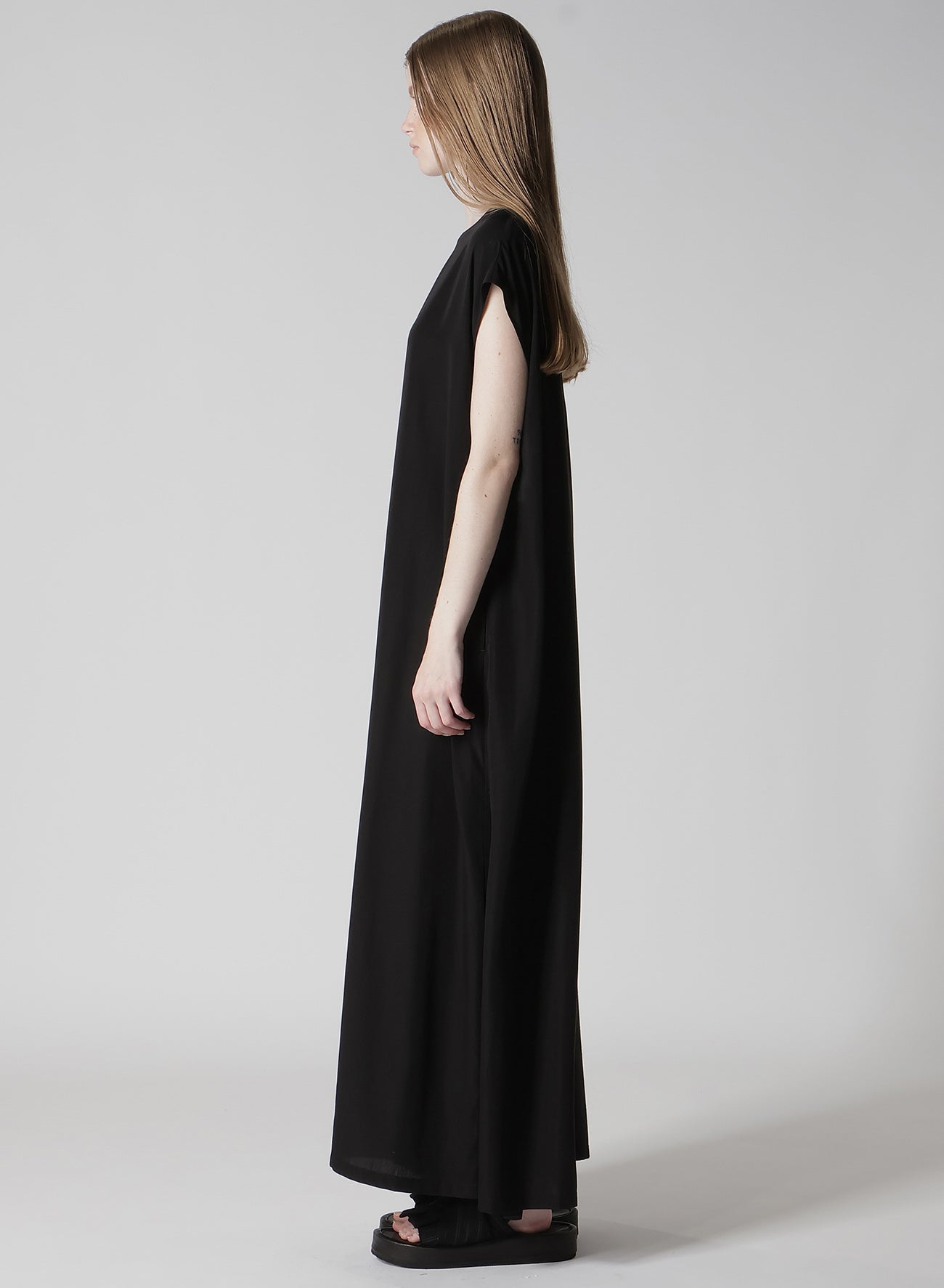 CUPRO DUNGAREE "Y" PRINT GATHERED DRESS