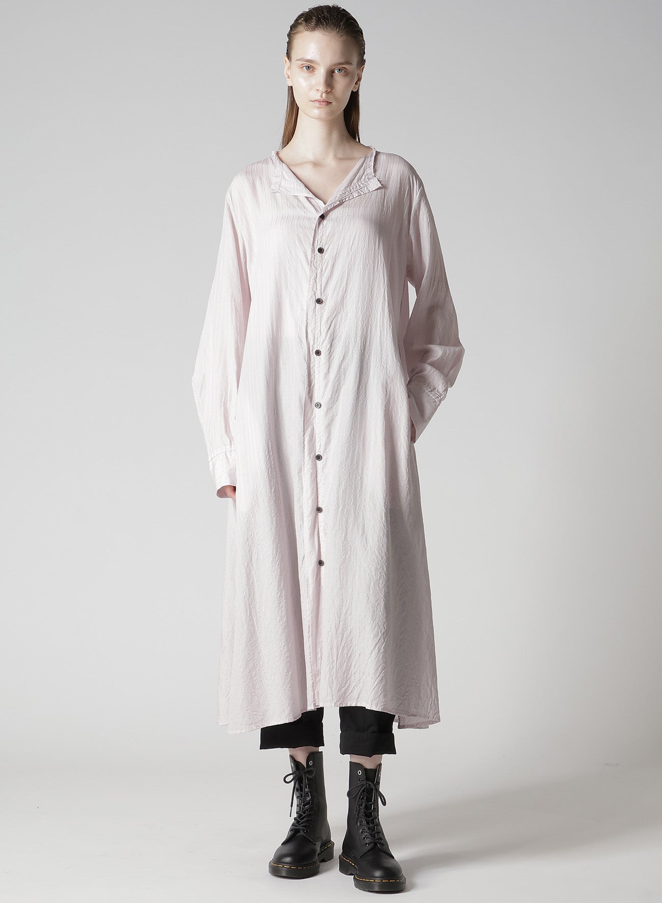 CELLULOSE STRIPE COLLARLESS A-LINE DRESS