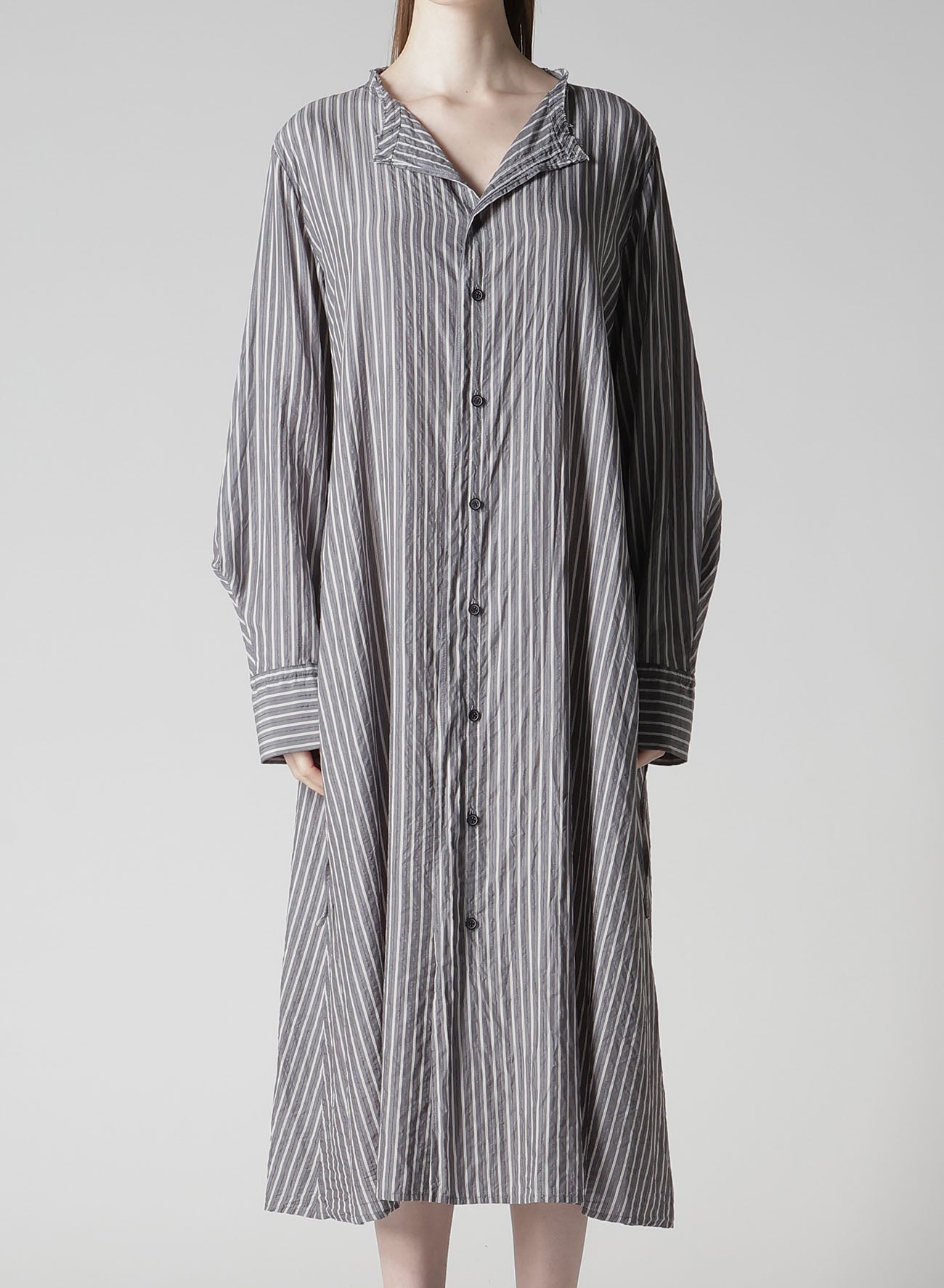 CELLULOSE STRIPE COLLARLESS A-LINE DRESS