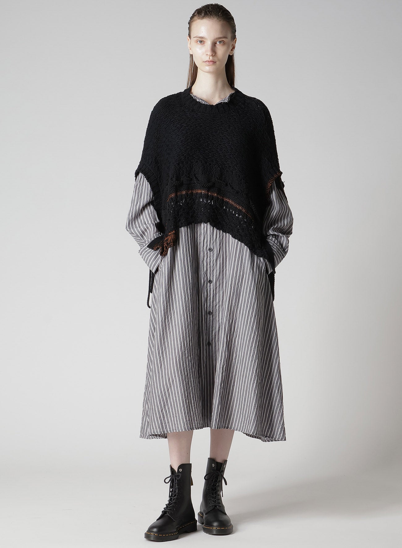 CELLULOSE STRIPE COLLARLESS A-LINE DRESS