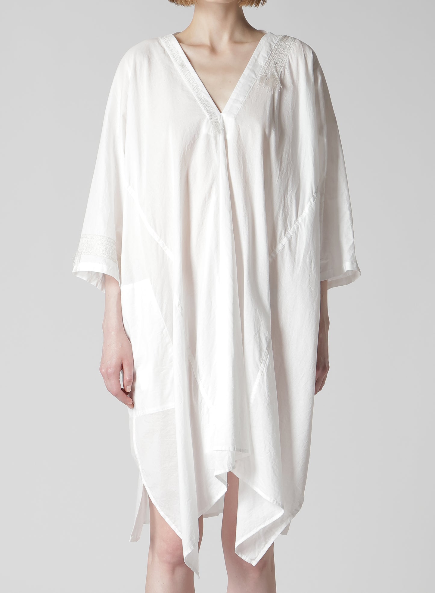 COTTON LAWN ARRANGED SLEEVE V NECK DRESS