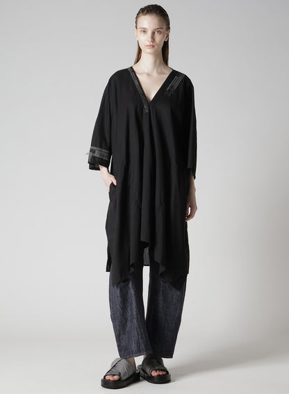 COTTON LAWN ARRANGED SLEEVE V NECK DRESS