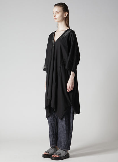 COTTON LAWN ARRANGED SLEEVE V NECK DRESS