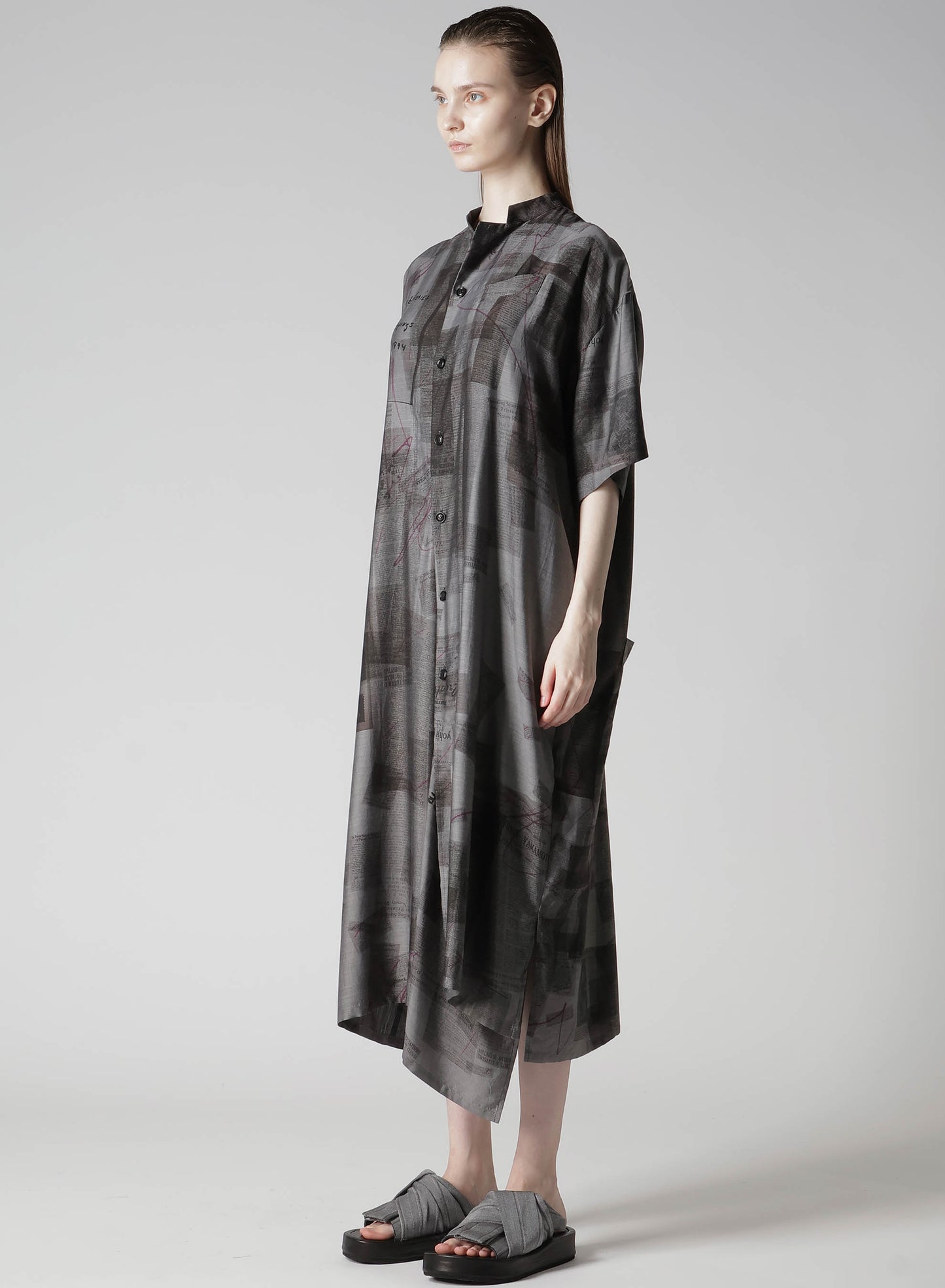 newspaper print shirt dress CUPRO DUNGAREE TWILL NEWSPAPER PRINT SHIRT DRESS S