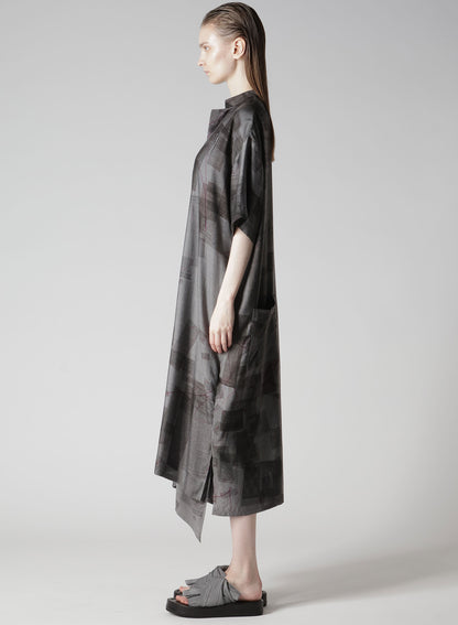 CUPRO DUNGAREE TWILL NEWSPAPER PRINT SHIRT DRESS