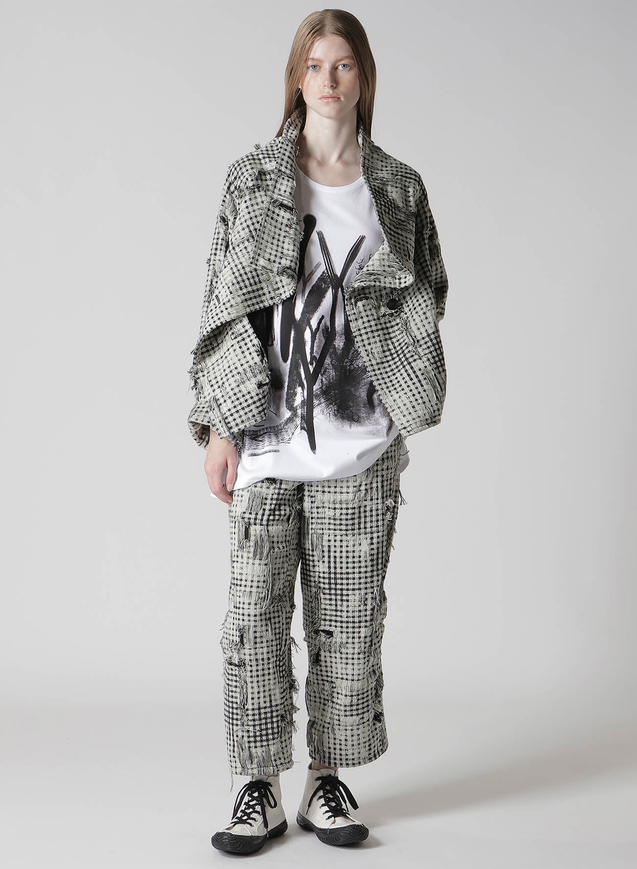 DAMAGED GINGHAM JACQUARD WRAP COAT