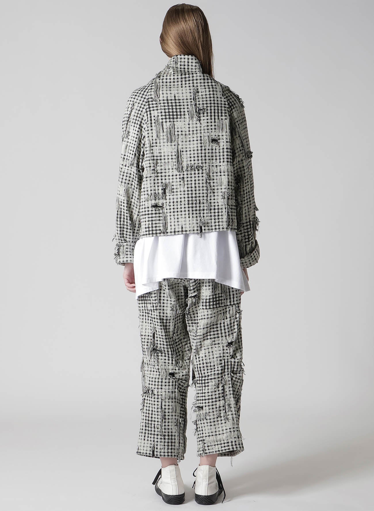 DAMAGED GINGHAM JACQUARD WRAP COAT