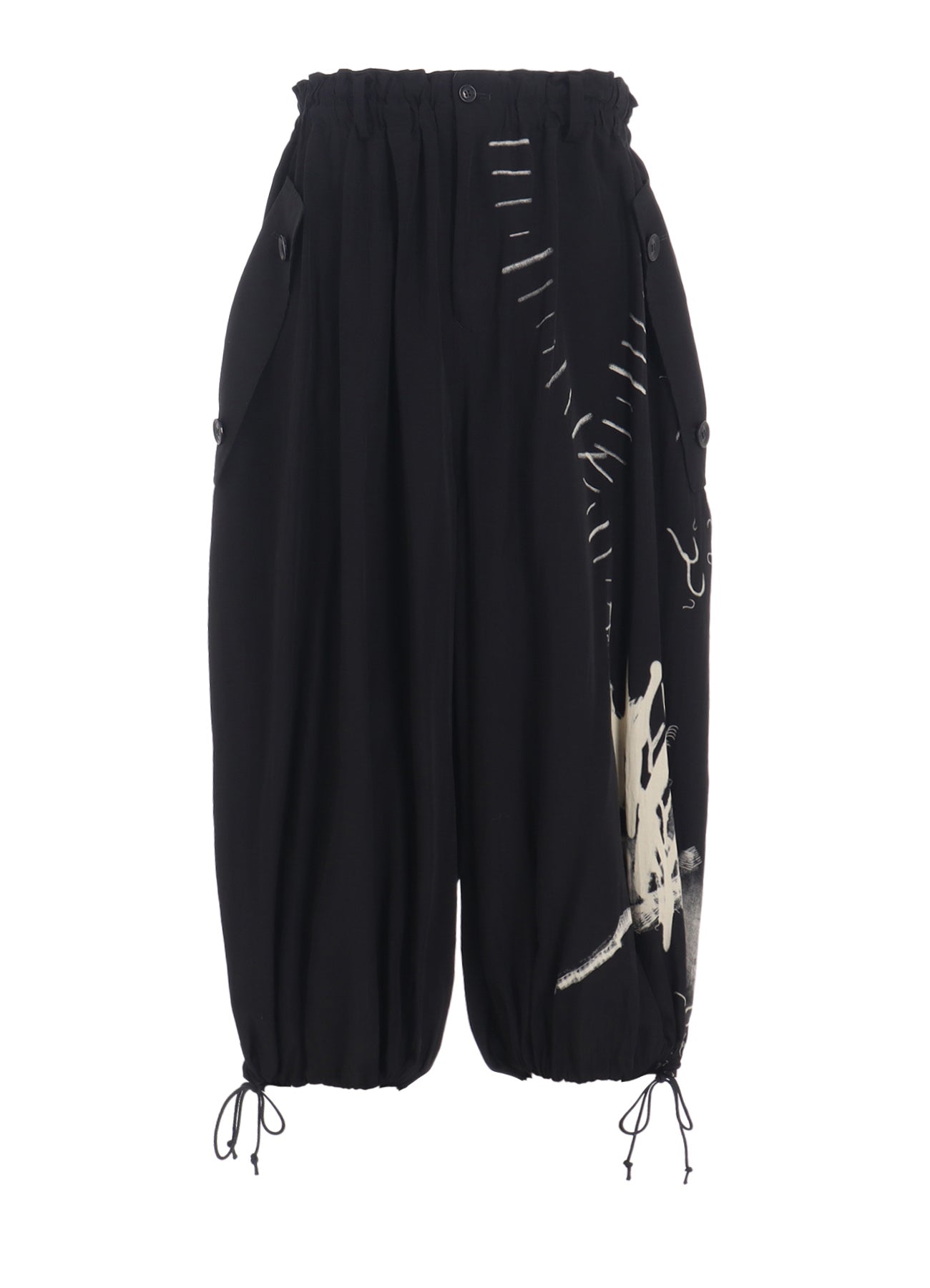 CUPRO DUNGAREE "Y" PRINT ELASTIC-WAIST PANTS