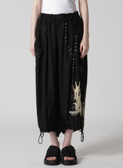 CUPRO DUNGAREE "Y" PRINT ELASTIC-WAIST PANTS