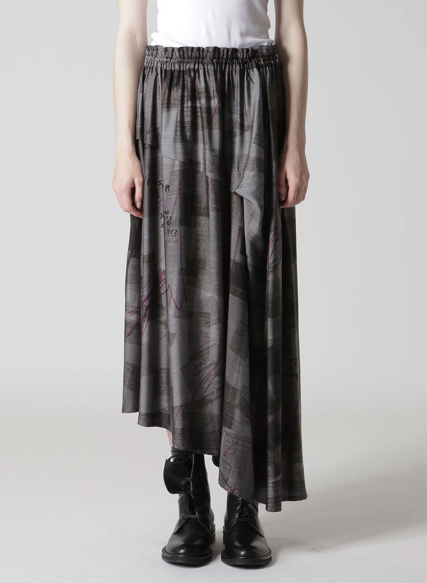 CUPRO DUNGAREE TWILL NEWSPAPER PRINT ASYMMETRIC SKIRT