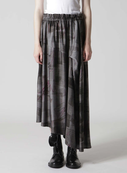CUPRO DUNGAREE TWILL NEWSPAPER PRINT ASYMMETRIC SKIRT