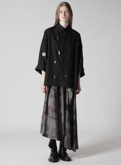 CUPRO DUNGAREE TWILL NEWSPAPER PRINT ASYMMETRIC SKIRT